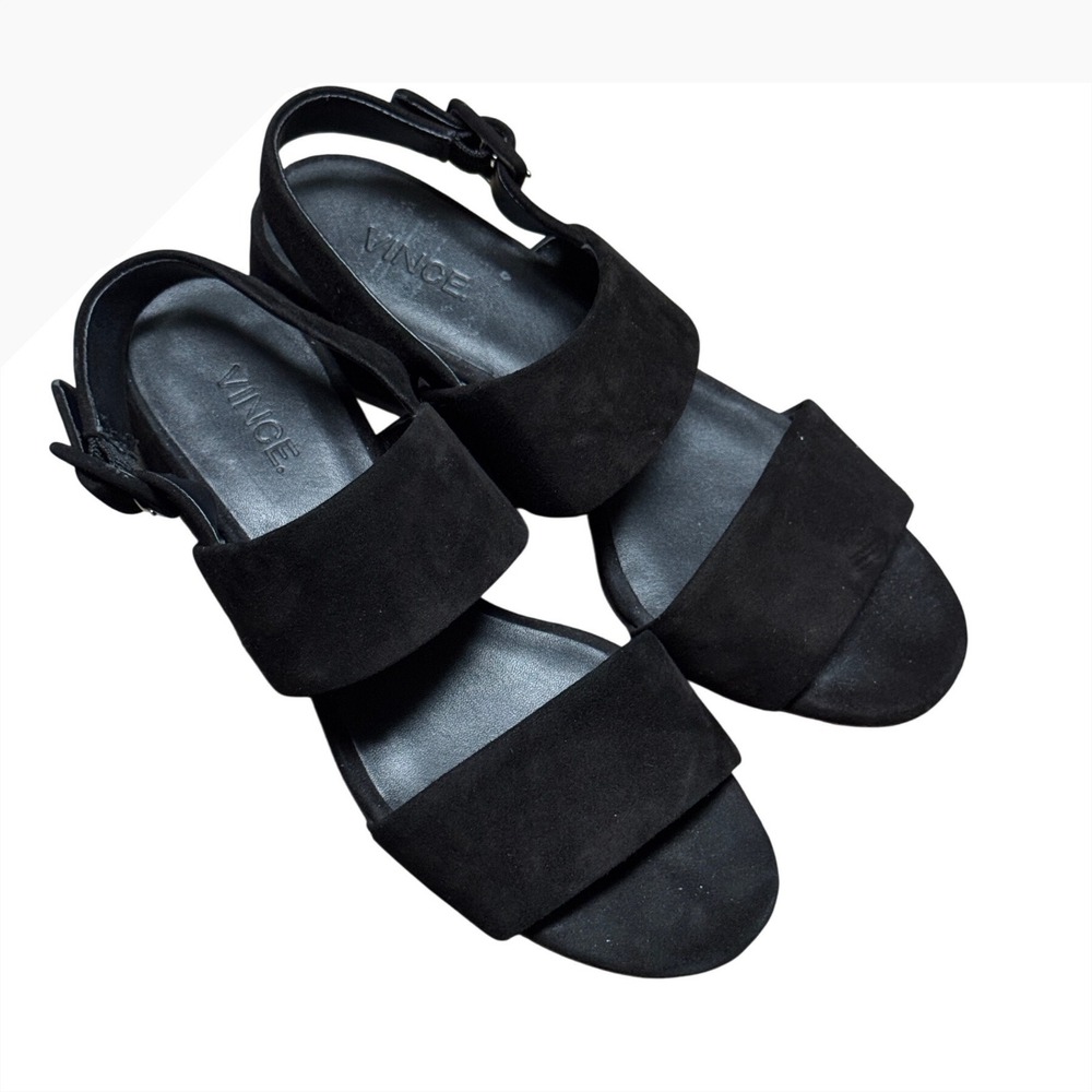 Vince Black Suede Slingback Block Heel Sandals Two Strap Open Toe Womens 7M 37